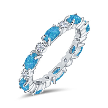 Full Eternity Stackable Band Ring Oval Lab Created Blue Opal 925 Sterling Silver